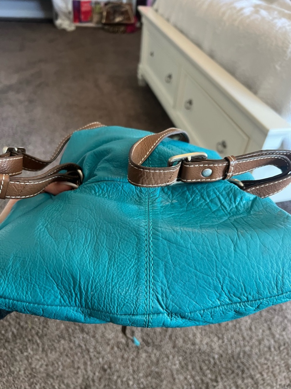 Nino BOSSI Turquoise Leather Drawstring Shoulder Bag with Brown Handles - Picture 6 of 7